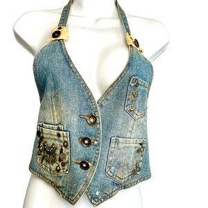 VNT YING MEI Denim Halter Vest Embellished Charms Boho Festival Y2K Cropped Top